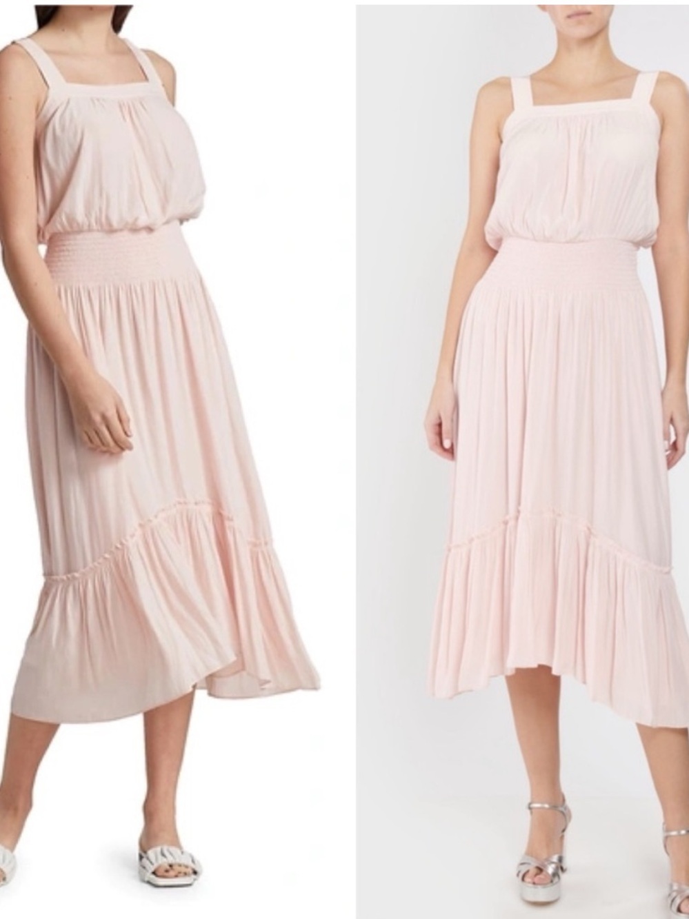 Ramy Brook Mackenzy Light Blush Pink Bow Tie Strap Midi Flowy Tier Dress M